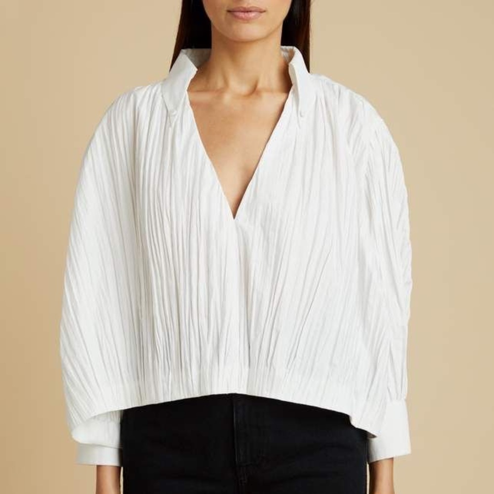 KHAITE Malone Plisse Cocoon Blouse in White